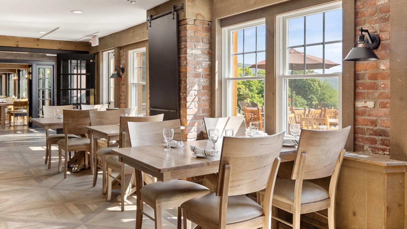 The resort's rustic wood-and-brick dining room.