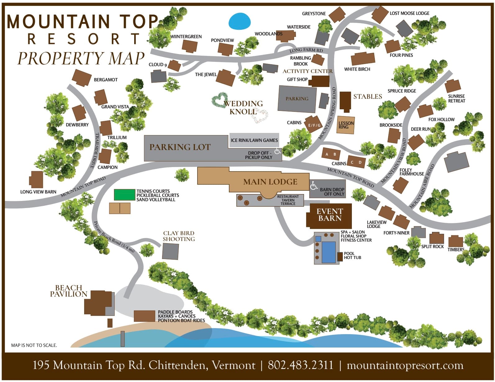 Mountain Top Resort property map — labeled buildings include the Main Lodge, Event Barn, Wedding Knoll, plus guest homes, cabins, and lodge rooms scattered around the property.